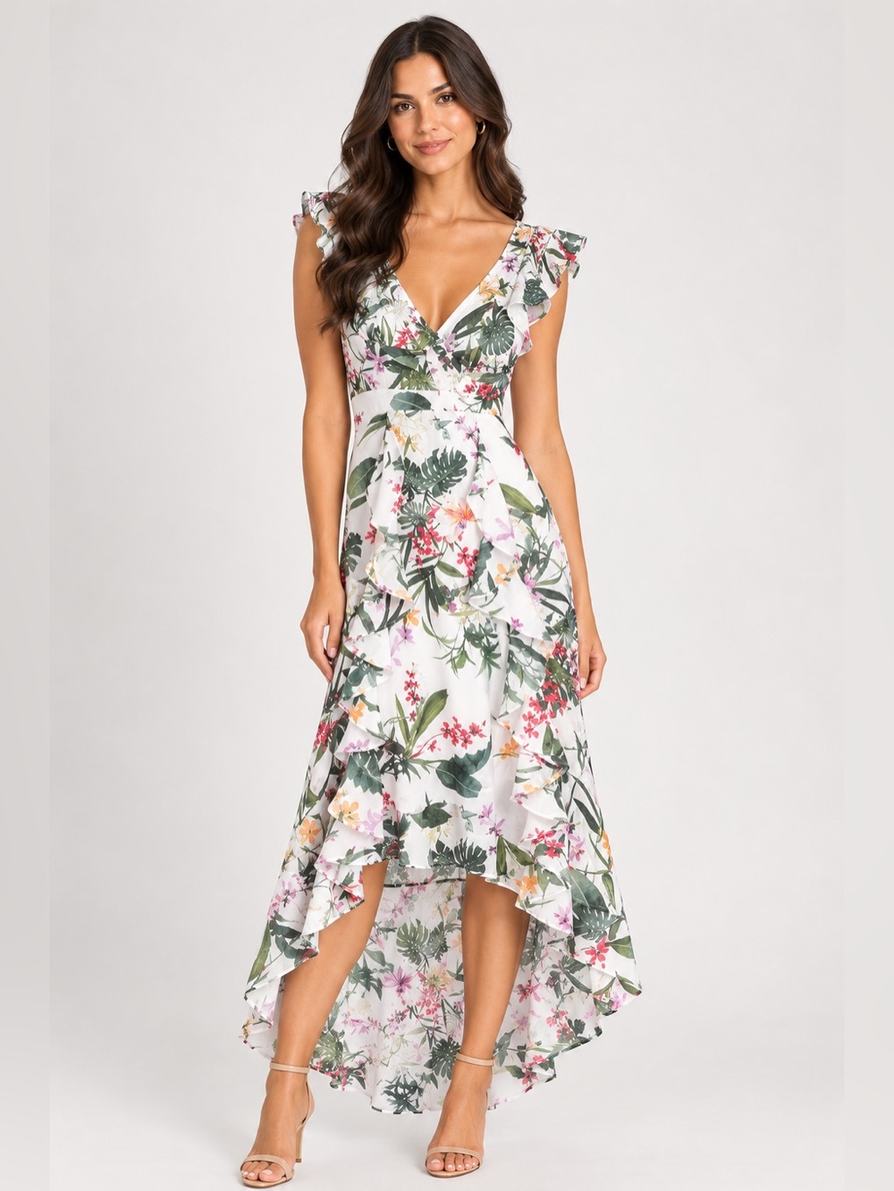 Lipsy London White Floral High-Low Ruffle Midi Dress size 4